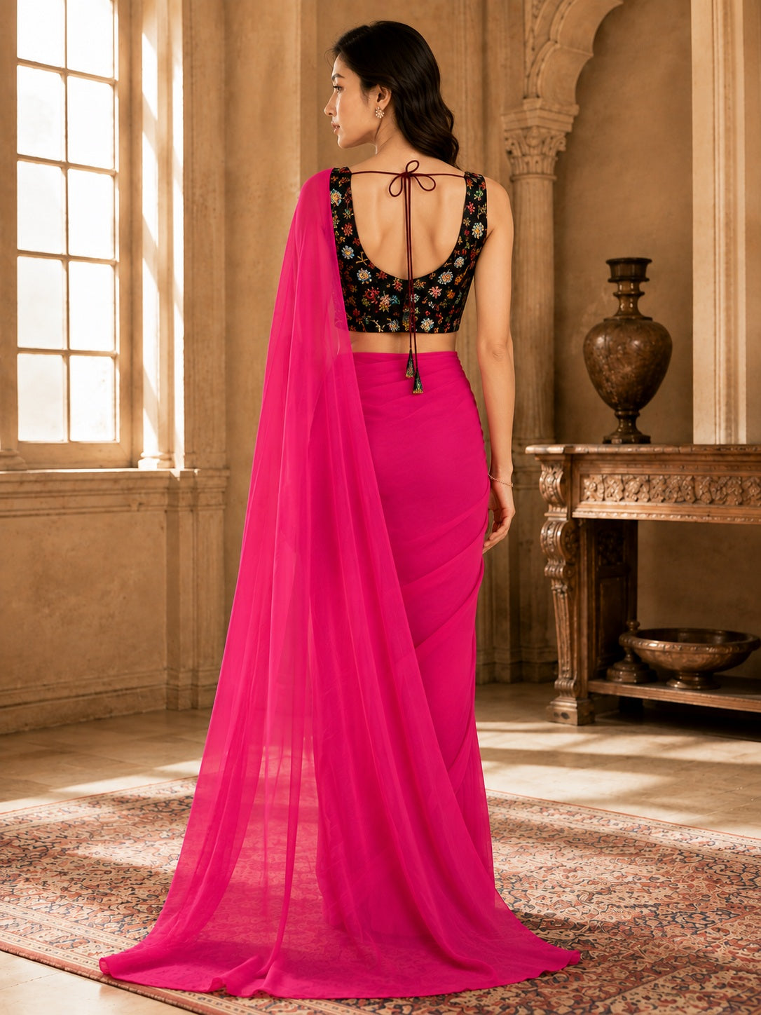 Vervee Couture Women Pink Solid Poly Georgette Saree with Semi-Stitched Designer Blouse