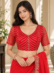 Vervee Couture Women Red Embellished Poly Georgette Saree with Semi-Stitched Designer Blouse