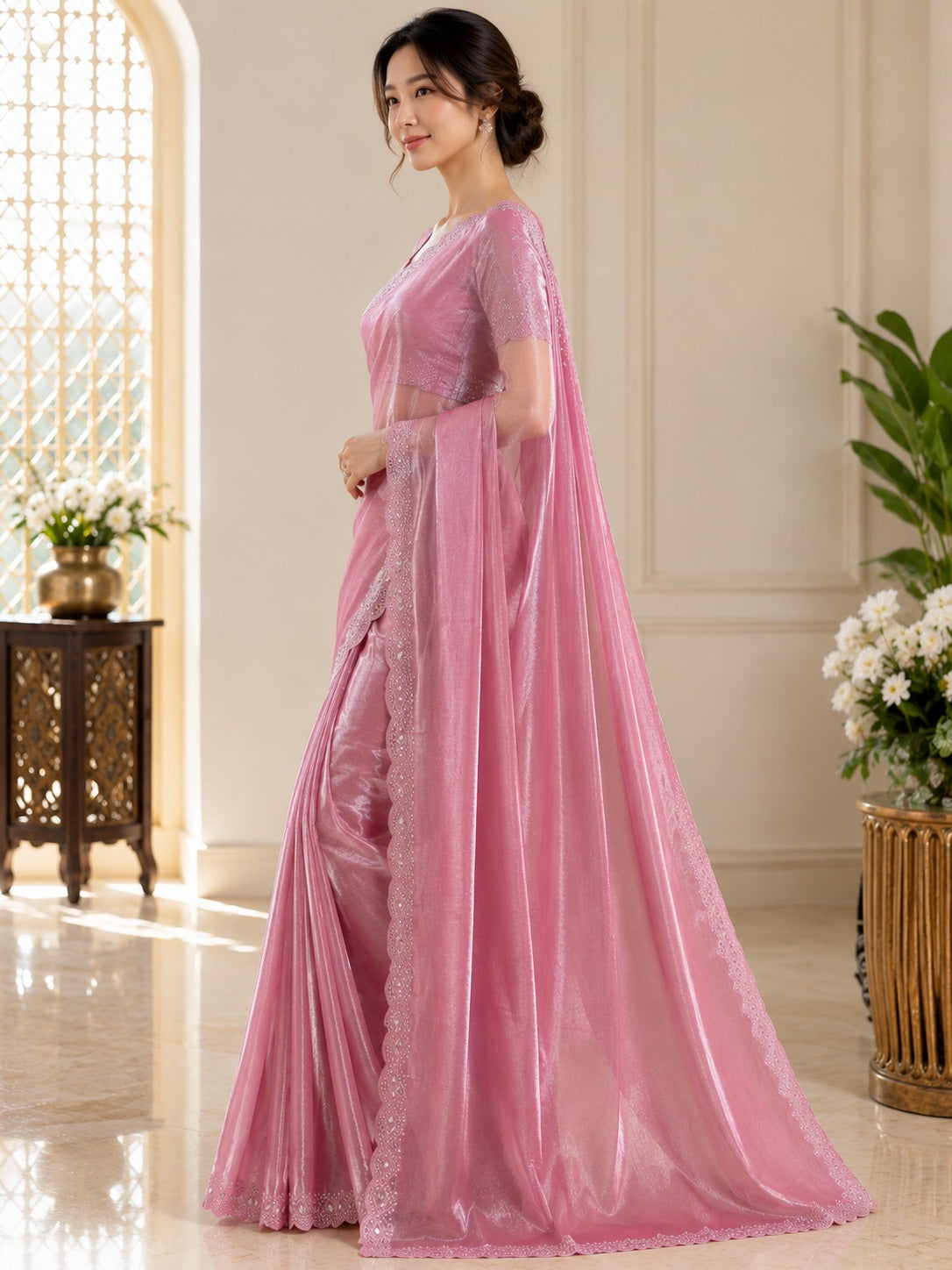 Vervee Couture Women Pink Embellished Tissue Organza Saree