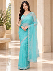 Vervee Couture Women Turquoise Blue Embellished Net Saree with Semi-Stitched Designer Blouse