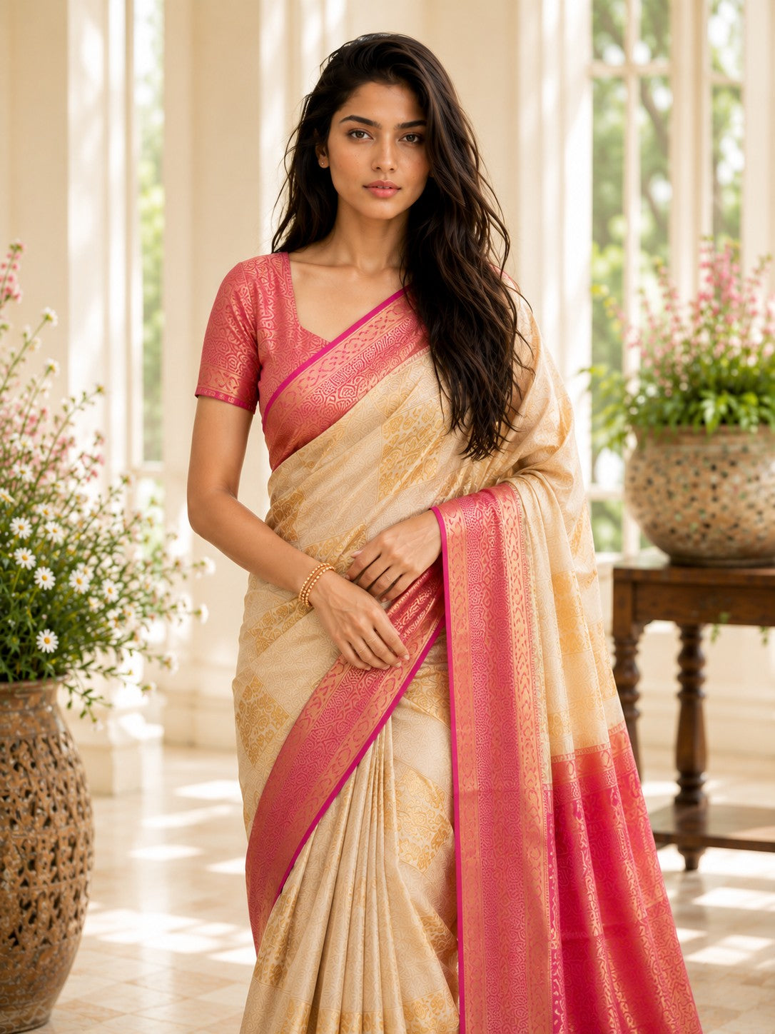 Vervee Couture Women Cream & Pink Ethnic Motifs Woven Design Zari Silk Blend Saree