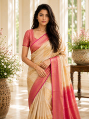 Vervee Couture Women Cream & Pink Ethnic Motifs Woven Design Zari Silk Blend Saree