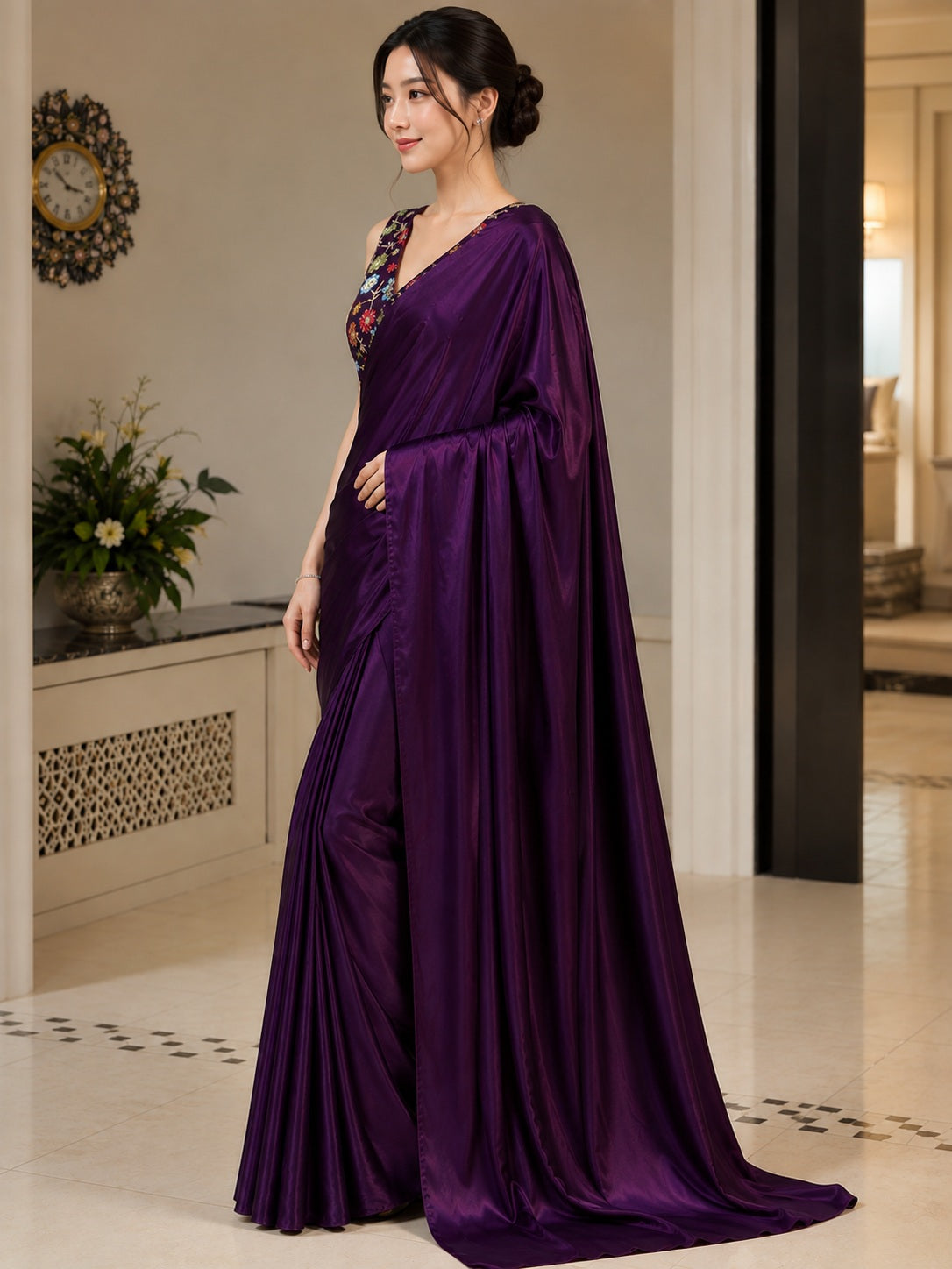 Vervee Couture Women Purple Solid Satin Saree with Semi-Stitched Designer Blouse
