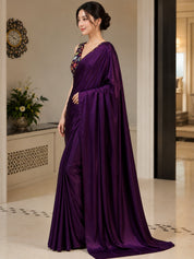 Vervee Couture Women Purple Solid Satin Saree with Semi-Stitched Designer Blouse