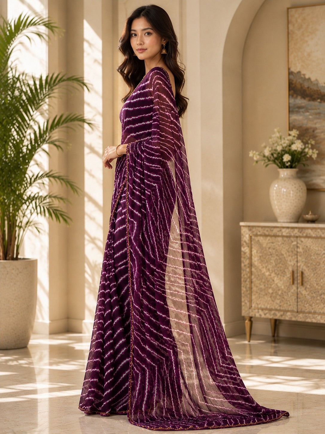 Vervee Couture Women Purple Leheriya Georgette Saree with Semi-Stitched Blouse