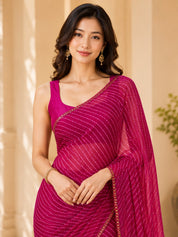 Vervee Couture Women Magenta Leheriya Georgette Saree with Semi-Stitched Blouse