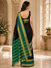 Vervee Couture Women Black & Green Woven Design Zari Silk Saree