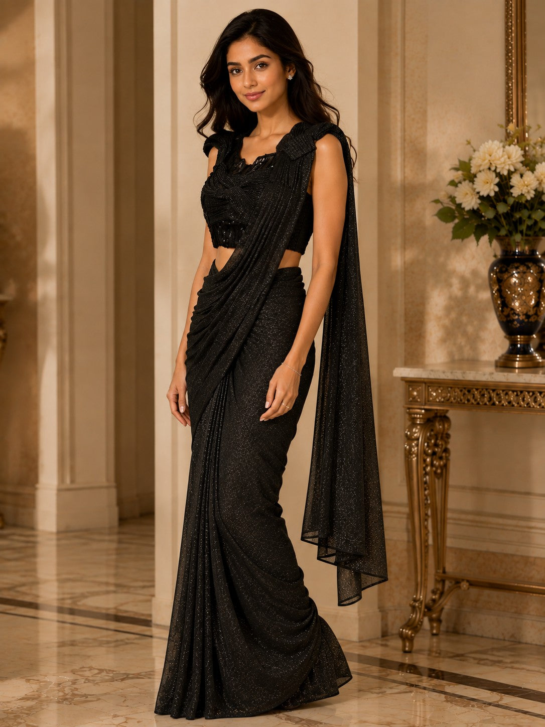 Vervee Couture Women Black Shimmer Ready to Wear Saree