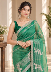 Vervee Couture Women Green Embroidered Poly Net Saree with Semi-Stitched Designer Blouse
