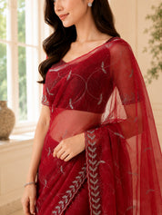 Vervee Couture Women Wine Embroidered Poly Net Saree