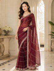 Vervee Couture Women Maroon Embellished Organza Saree with Semi-Stitched Designer Blouse