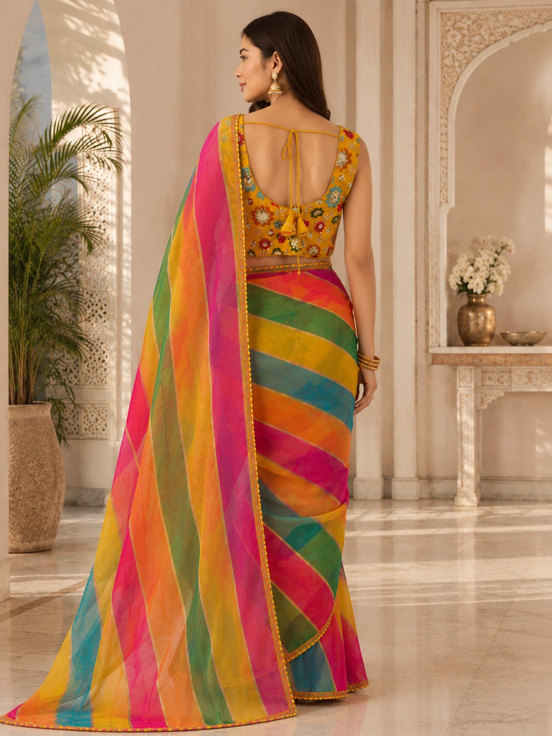 Vervee Couture Women Multicoloured Striped Georgette Saree with Semi-Stitched Blouse