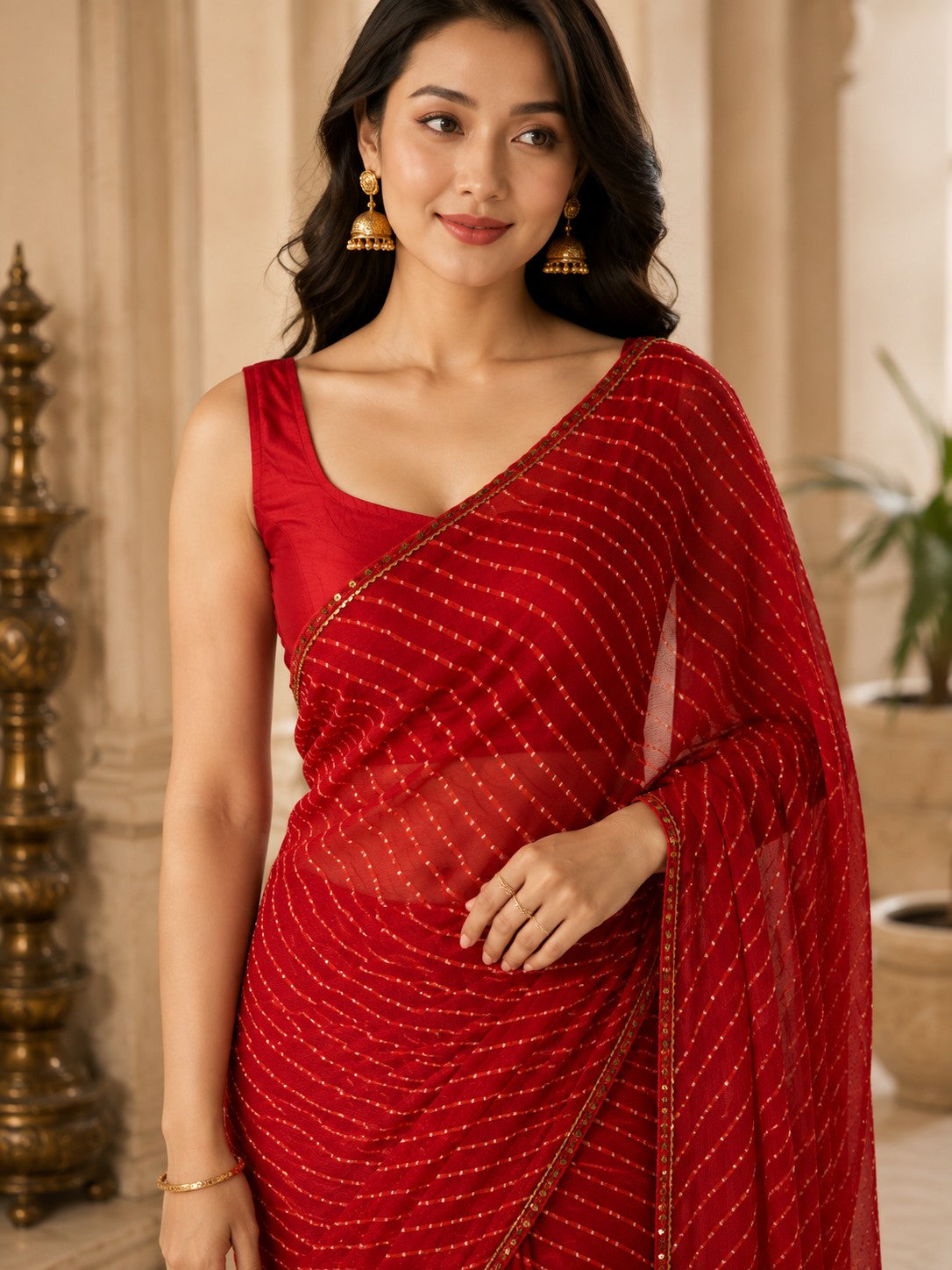 Vervee Couture Women Red Leheriya Georgette Saree with Semi-Stitched Blouse