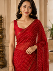 Vervee Couture Women Red Leheriya Georgette Saree with Semi-Stitched Blouse