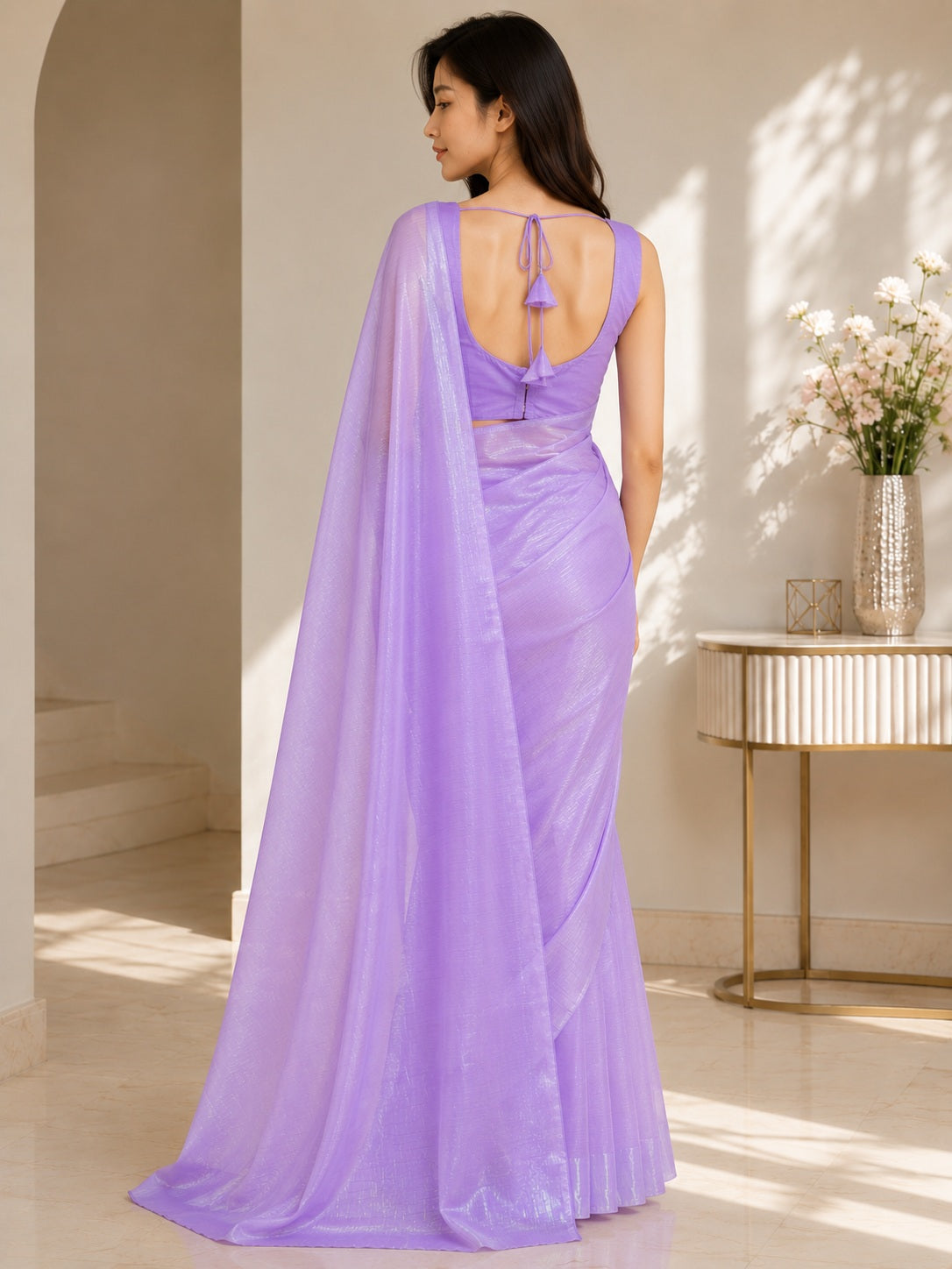 Vervee Couture Women Lavender Solid Poly Georgette Saree with Semi-Stitched Designer Blouse