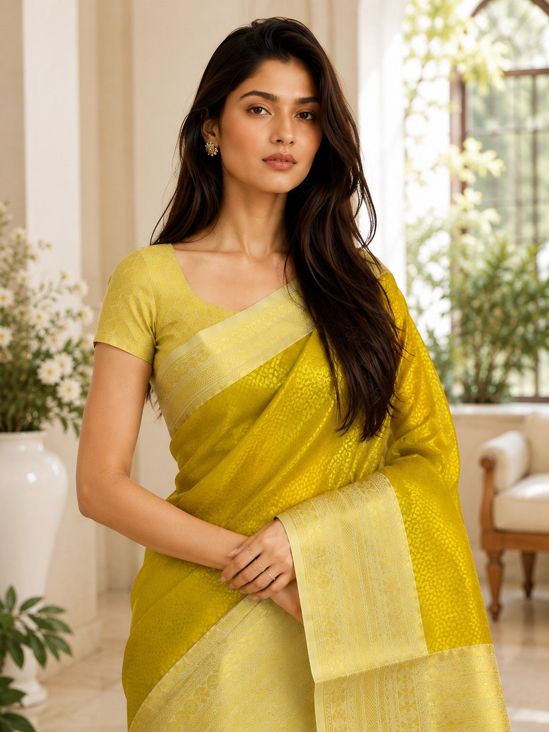 Vervee Couture Women Yellow Ethnic Motifs Woven Design Zari Silk Blend Saree