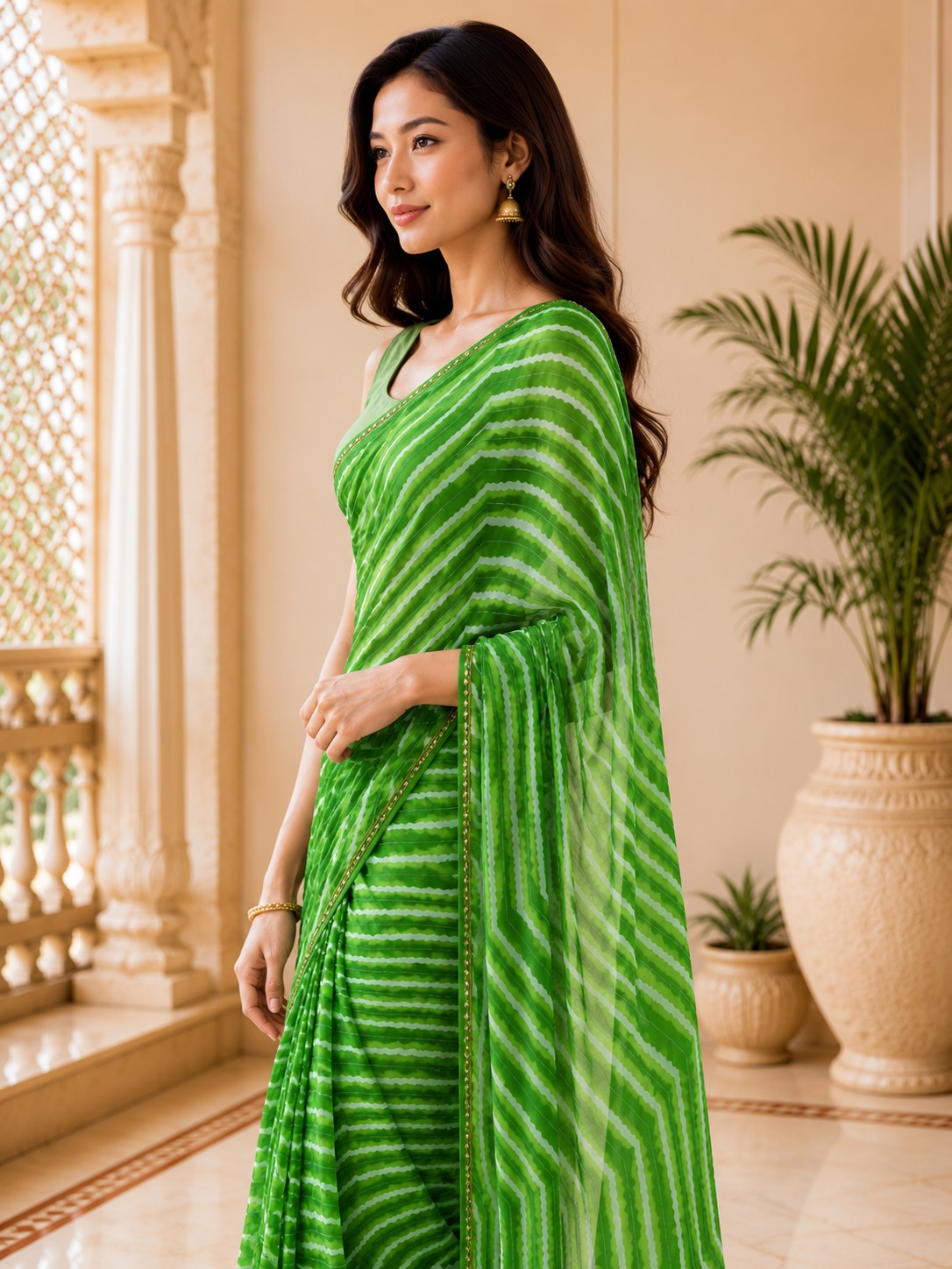 Vervee Couture Women Green Leheriya Georgette Saree with Semi-Stitched Blouse