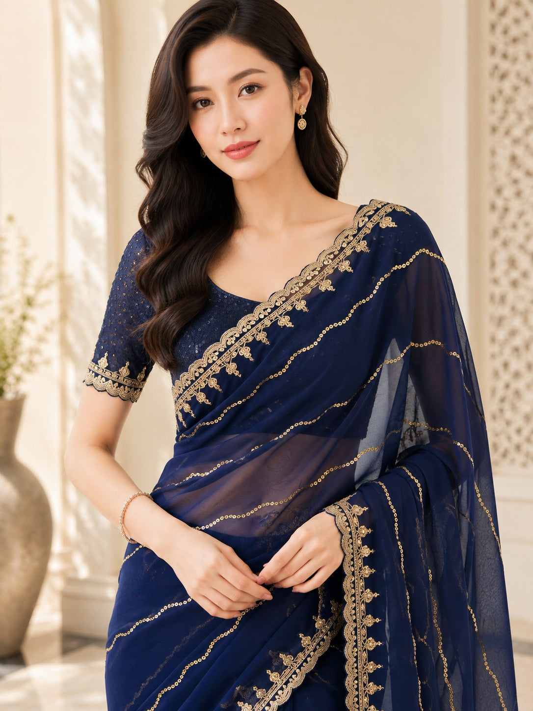 Vervee Couture Women Navy Blue Gold Embellished Poly Georgette Saree