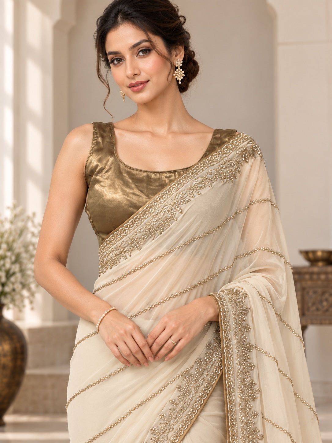 Vervee Couture Women Cream Embellished Poly Georgette Saree with Semi-Stitched Designer Blouse