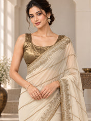 Vervee Couture Women Cream Embellished Poly Georgette Saree with Semi-Stitched Designer Blouse