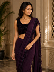Vervee Couture Women Purple Embellished Ruffled Ready to Wear Saree