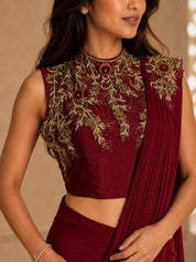 Vervee Couture Women Burgundy Embroidered Ready to Wear Saree