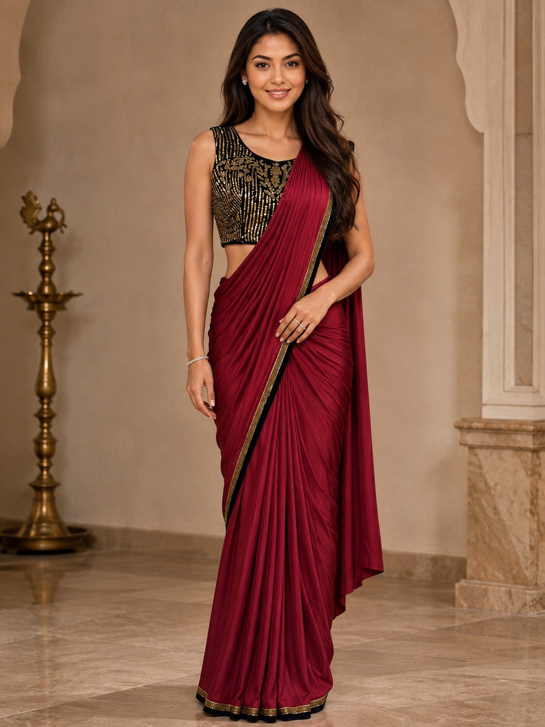 Vervee Couture Women Maroon Sequinned Ready to Wear Saree