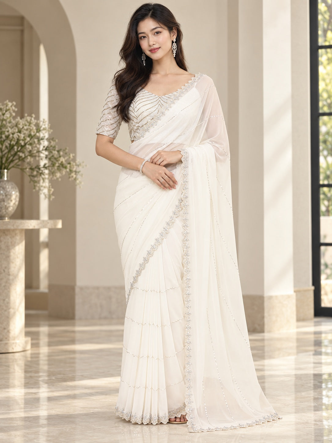 Vervee Couture Women Off White Embellished Poly Georgette Saree with Semi-Stitched Designer Blouse