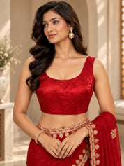 Vervee Couture Women Red Embellished Poly Georgette Saree with Semi-Stitched Designer Blouse