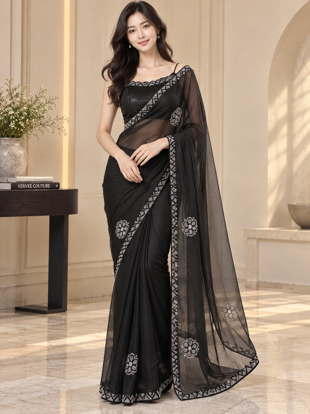 Vervee Couture Women Black Stone Embellished Poly Net Saree