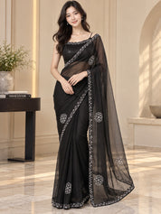 Vervee Couture Women Black Stone Embellished Poly Net Saree