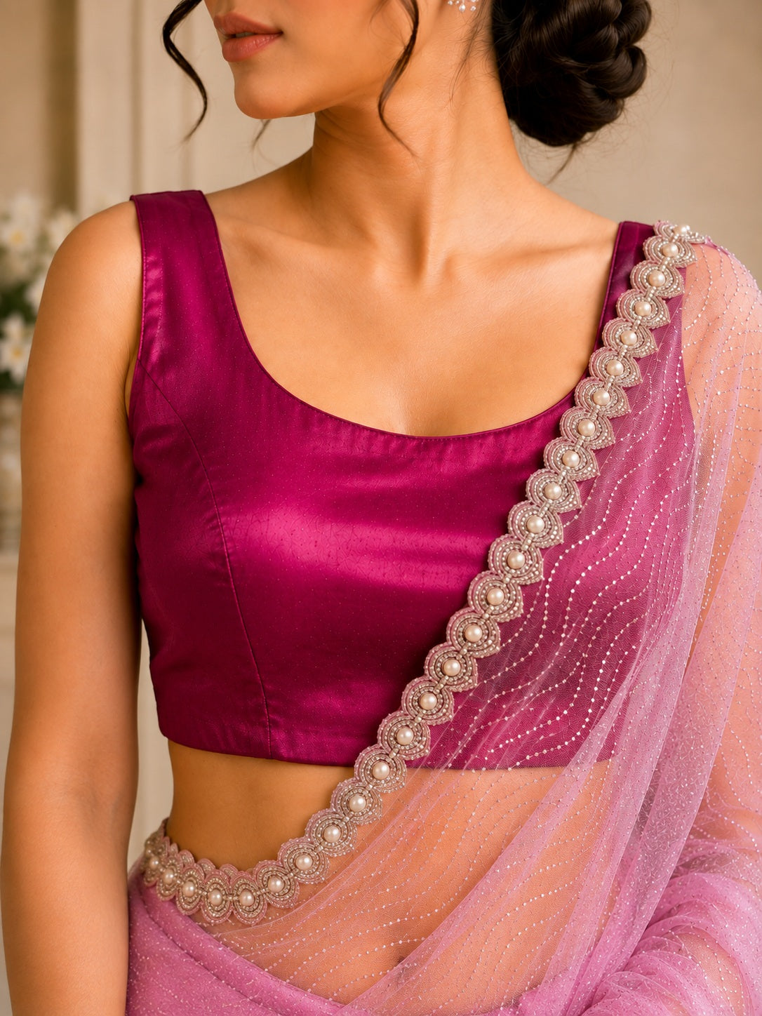 Vervee Couture Women Pastel Pink Embellished Net Saree with Semi-Stitched Designer Blouse