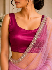 Vervee Couture Women Pastel Pink Embellished Net Saree with Semi-Stitched Designer Blouse