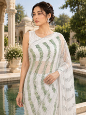Vervee Couture Women White and Green Embellished Georgette Saree