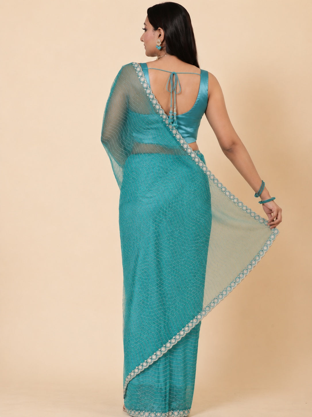 Vervee Couture Women Turquoise Blue Embellished Net Saree with Semi-Stitched Designer Blouse