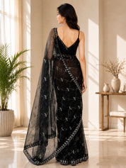 Vervee Couture Women Black Embroidered Poly Net Saree