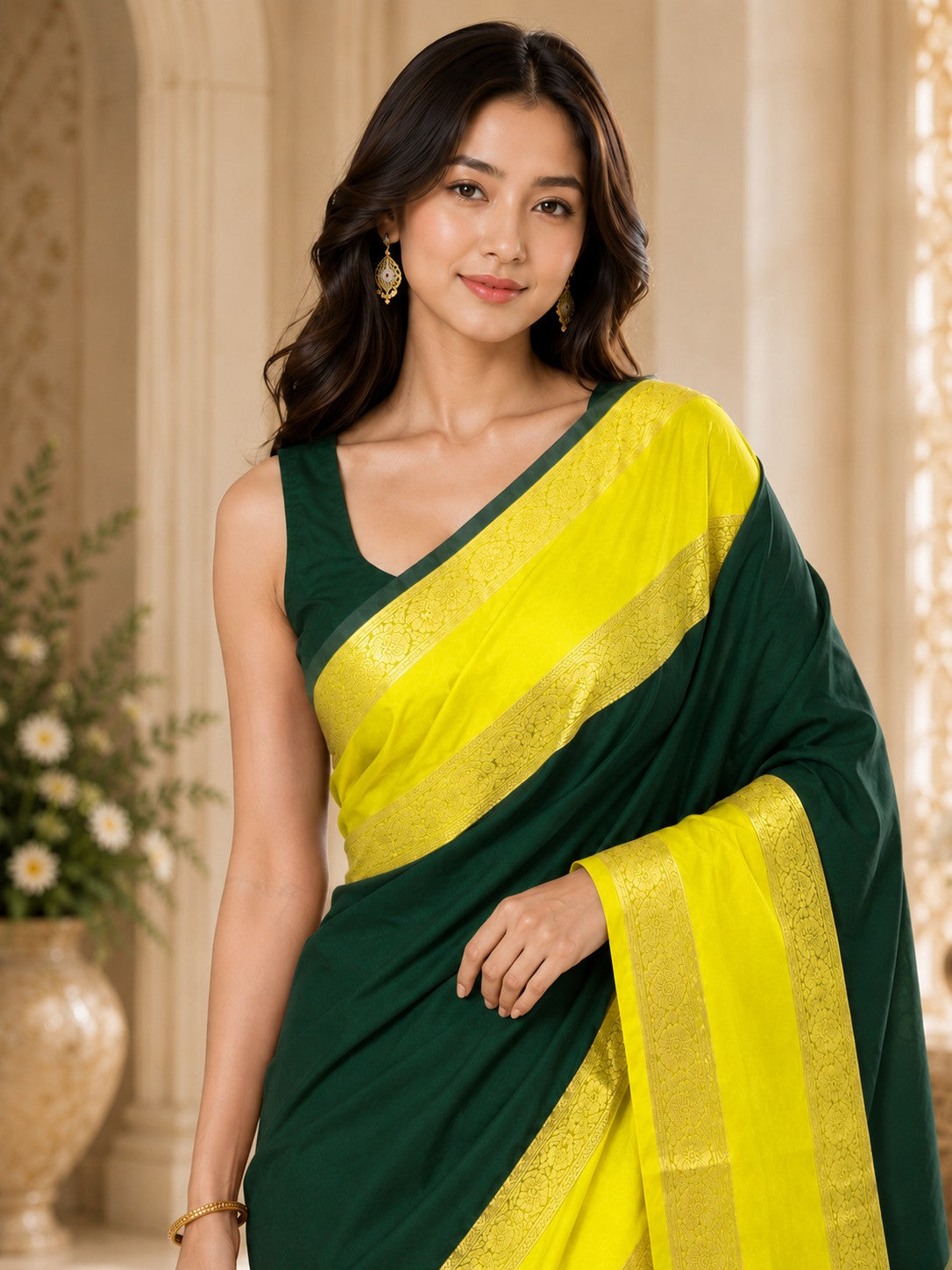 Vervee Couture Women Green & Yellow Woven Design Zari Silk Blend Saree