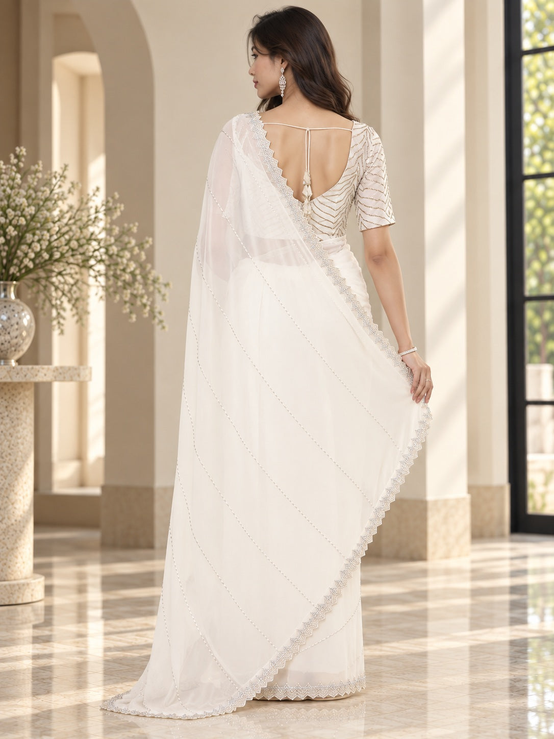 Vervee Couture Women Off White Embellished Poly Georgette Saree with Semi-Stitched Designer Blouse