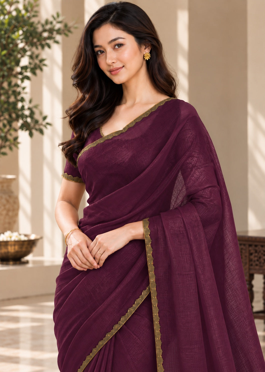 Vervee Couture Women Purple Solid Tissue Saree