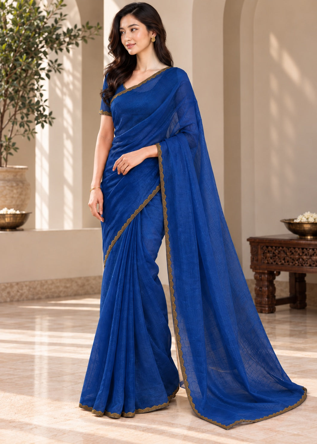 Vervee Couture Women Royal Blue Solid Tissue Saree