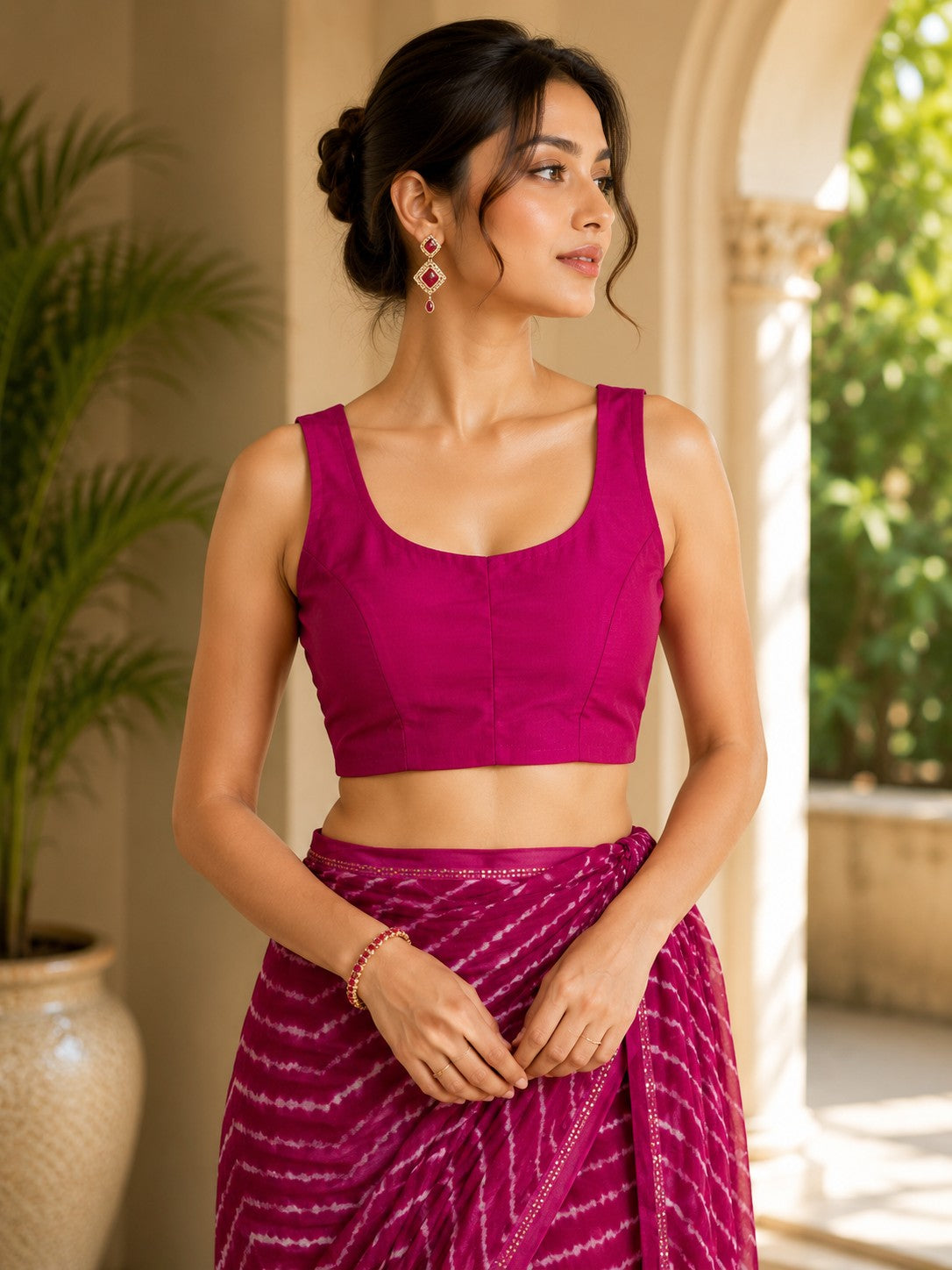 Vervee Couture Women Magenta Leheriya Georgette Saree with Semi-Stitched Blouse