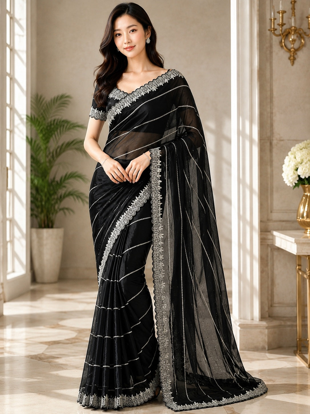 Vervee Couture Women Black Silver Embellished Poly Net Saree