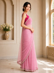 Vervee Couture Women Pastel Pink Embellished Net Saree with Semi-Stitched Designer Blouse