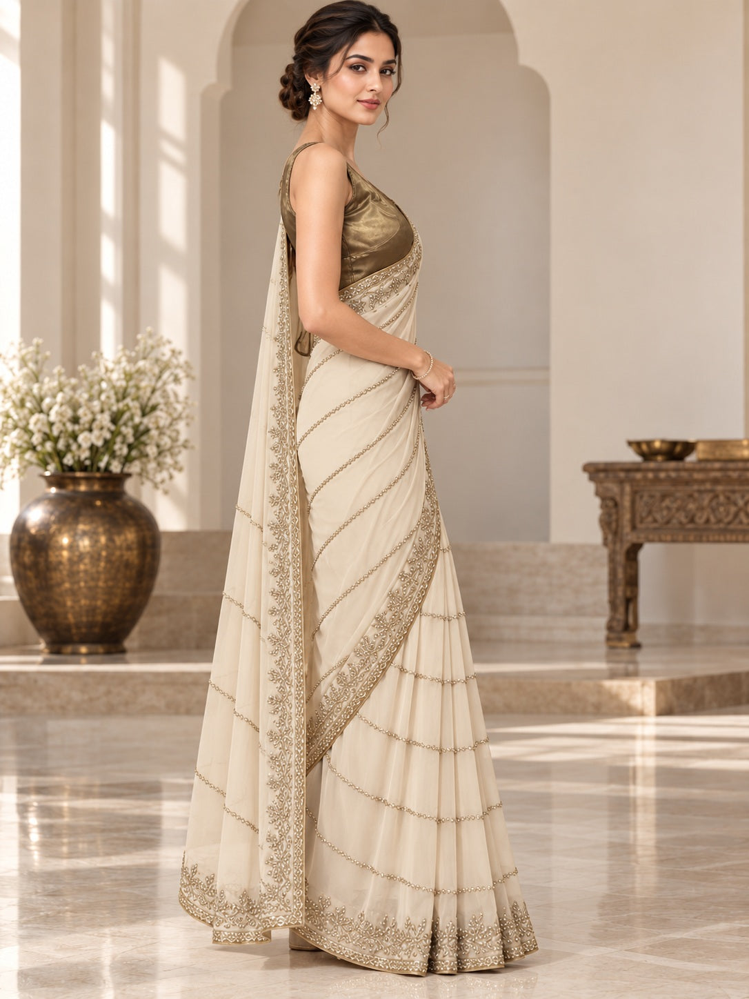 Vervee Couture Women Cream Embellished Poly Georgette Saree with Semi-Stitched Designer Blouse