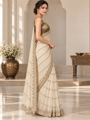 Vervee Couture Women Cream Embellished Poly Georgette Saree with Semi-Stitched Designer Blouse