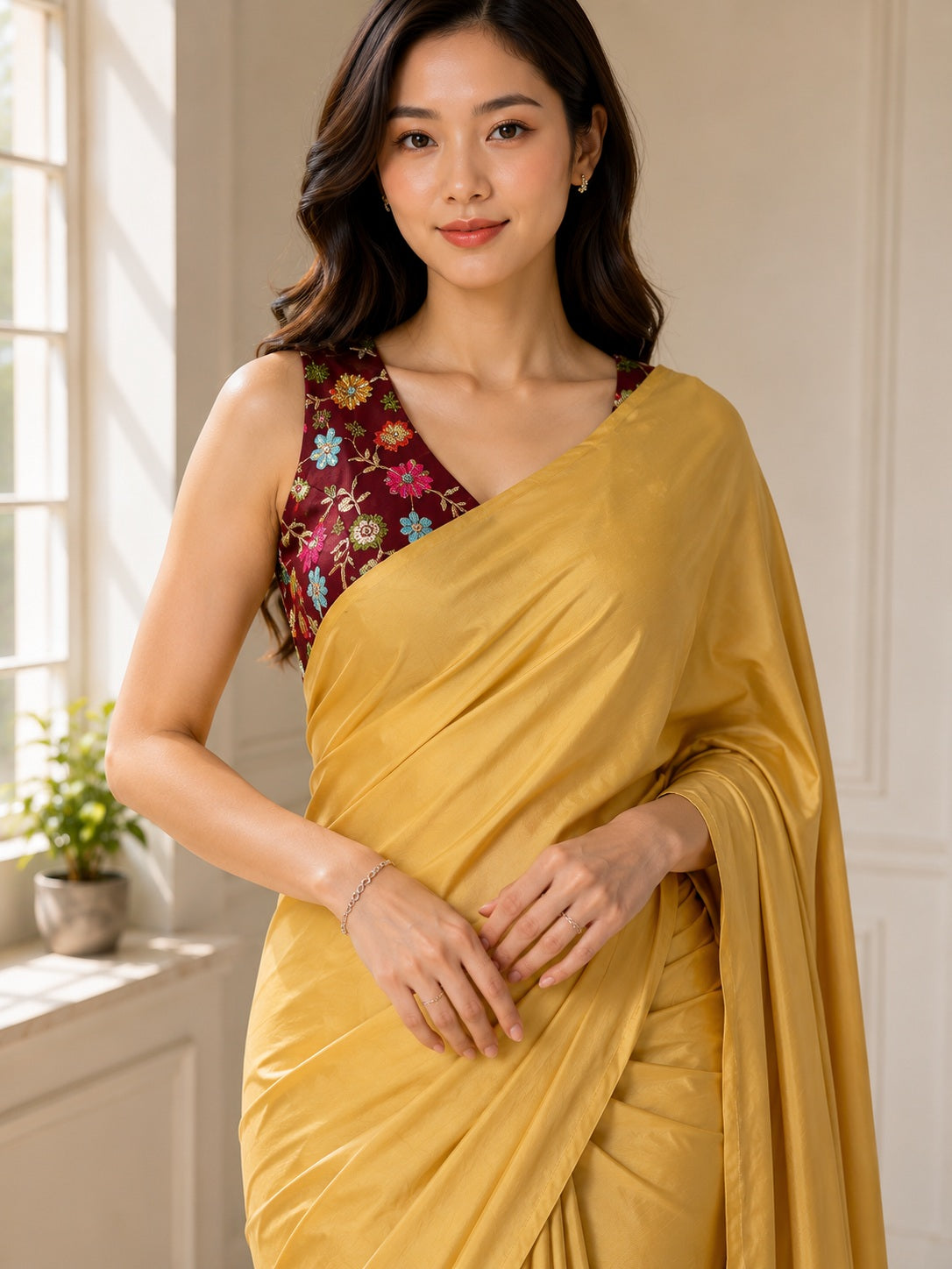 Vervee Couture Women Gold Solid Satin Saree with Semi-Stitched Designer Blouse