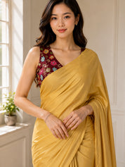 Vervee Couture Women Gold Solid Satin Saree with Semi-Stitched Designer Blouse
