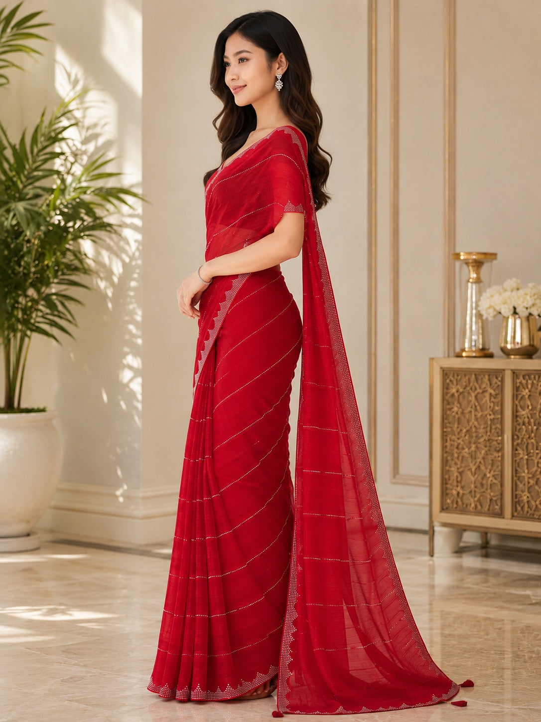 Vervee Couture Women Red Silver-Toned Stone Embellished Poly Georgette Saree