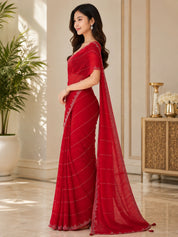 Vervee Couture Women Red Silver-Toned Stone Embellished Poly Georgette Saree