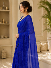Vervee Couture Women Blue Leheriya Georgette Saree with Semi-Stitched Blouse